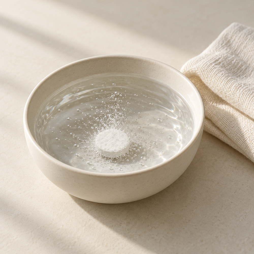 Illustrative cleansing ritual: a plain tablet dissolving in a bowl of water beside a cotton cloth. Accessories shown for illustration.