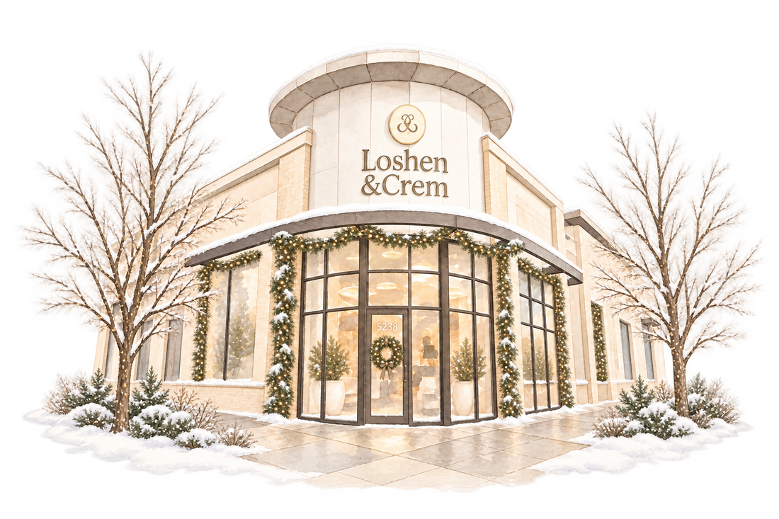 Holiday watercolor illustration of the Loshen & Crem Edmonton boutique