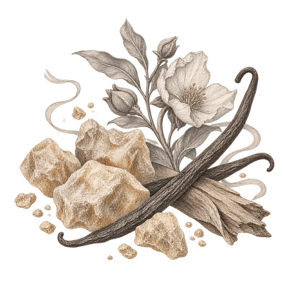 An ingredient still life inspired by the Amber fragrance family.