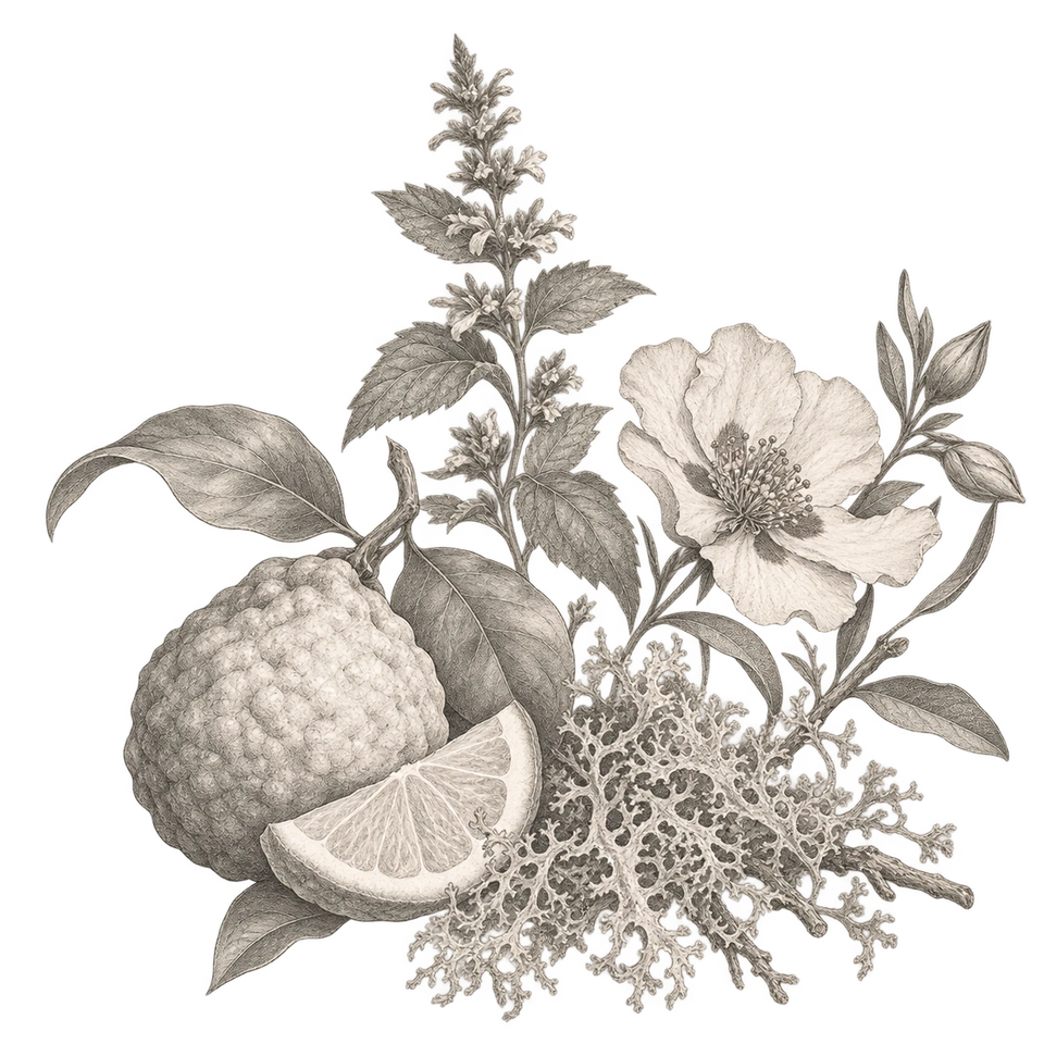 An ingredient still life inspired by the Chypre fragrance family.