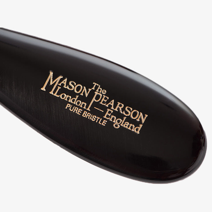 Mason Pearson Large Extra Pure Boar Bristle Hairbrush B1 in Dark Ruby — close-up of the handle and gold lettering