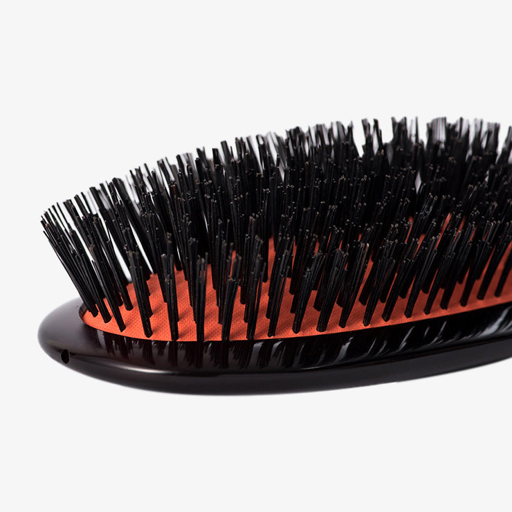Mason Pearson Handy Sensitive Pure Boar Bristle Hairbrush SB3 in Dark Ruby — close-up of the bristles and rubber cushion