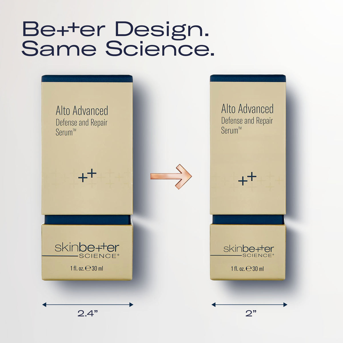 Skinbetter Science Sérum Alto Advanced Defense and Repair 30 ml : l'ancienne boîte à côté de la nouvelle boîte plus étroite (de 2,4 po à 2 po de largeur), même formule