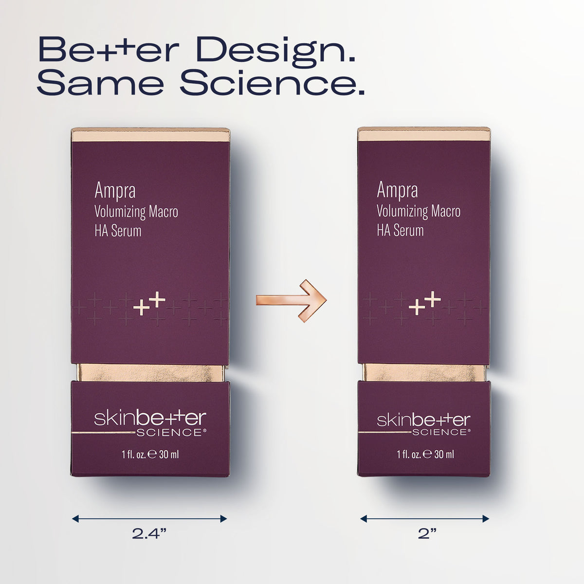 Skinbetter Science Ampra Volumizing Macro HA Serum 30 ml previous box beside the new, slimmer box (2.4 in to 2 in wide), same formula