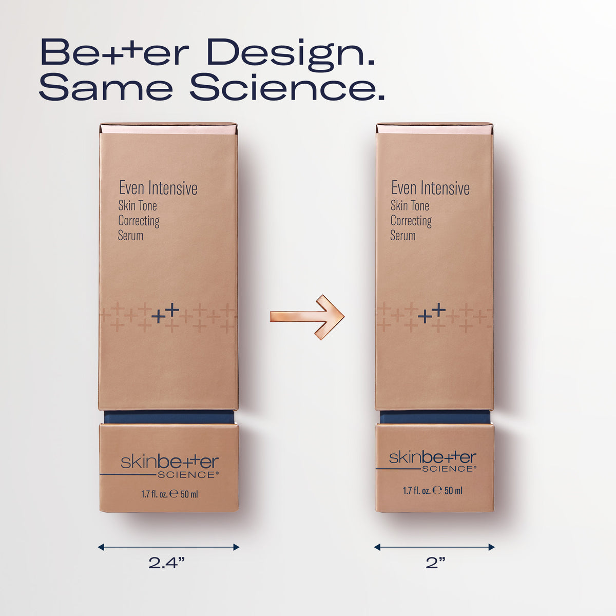 Skinbetter Science Sérum correcteur intensif du teint Even 50 ml : l'ancienne boîte à côté de la nouvelle boîte plus étroite (de 2,4 po à 2 po de largeur), même formule