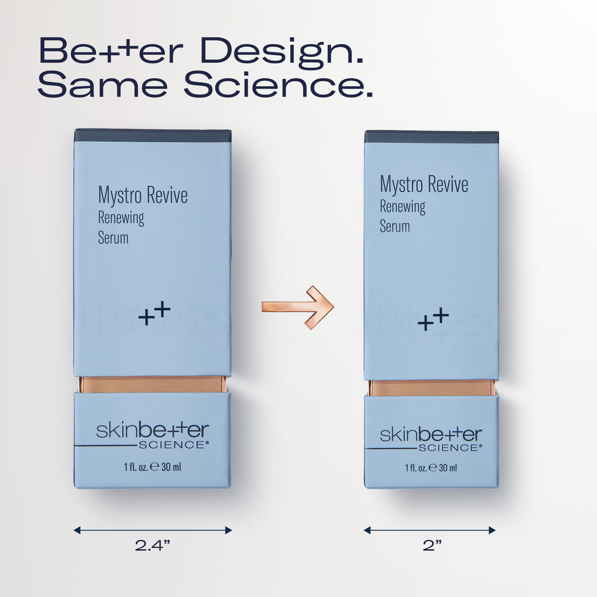Skinbetter Science Mystro Revive Renewing Serum 30 ml previous box beside the new, slimmer box (2.4 in to 2 in wide), same formula