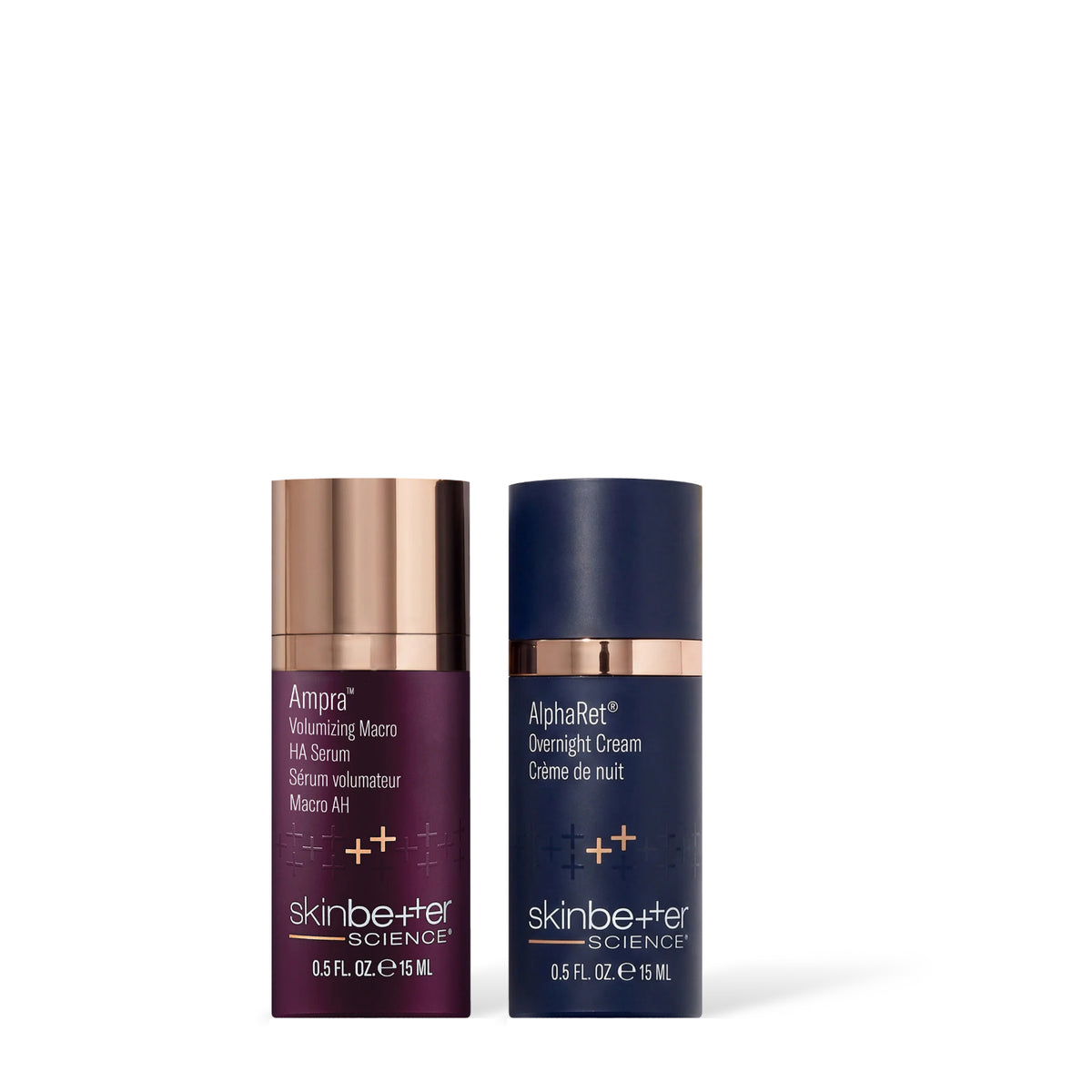 Sérum volumisant Macro HA Ampra de 15 ml et Crème de nuit AlphaRet de 15 ml de Skinbetter Science, côte à côte, vue de face sur fond blanc