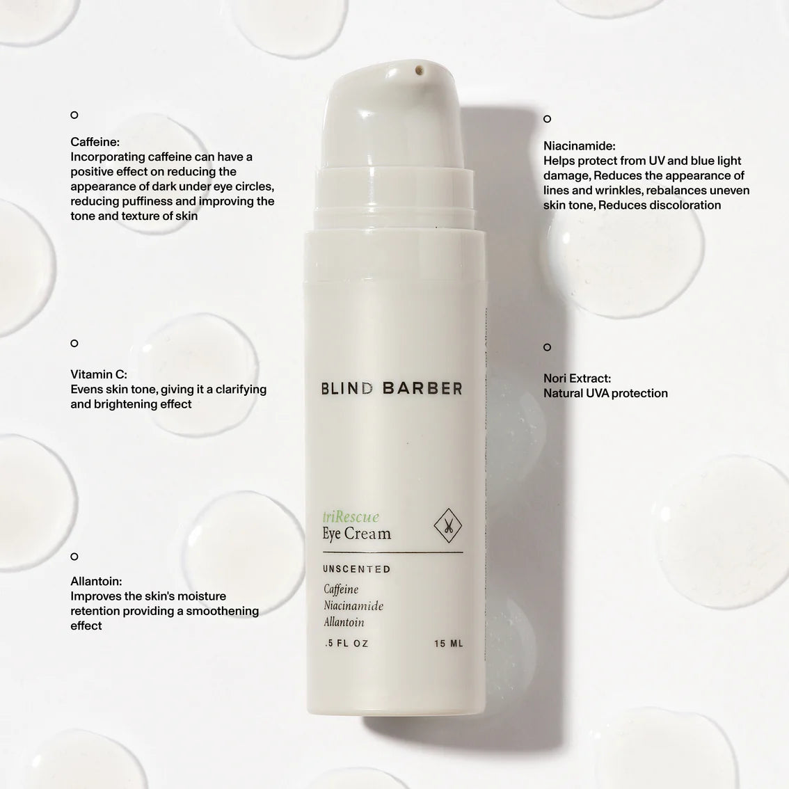 Blind Barber eye cream bottle with product details on a white background