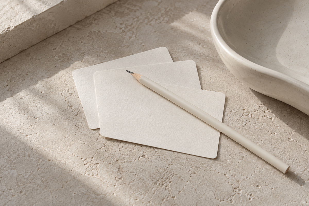 Blank appointment cards, an ivory pencil and a ceramic dish.