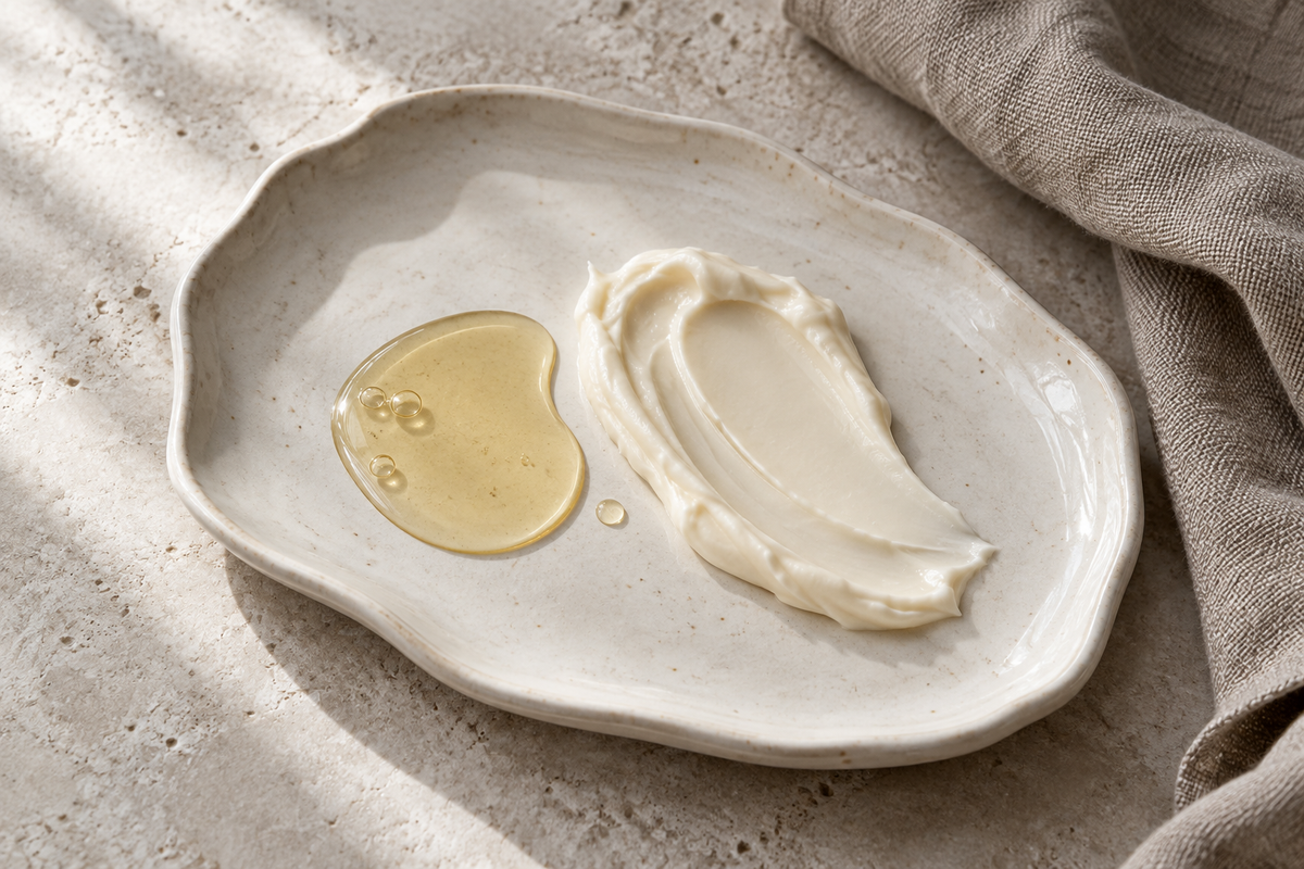 Body oil and moisturizer textures on a white porcelain tray.