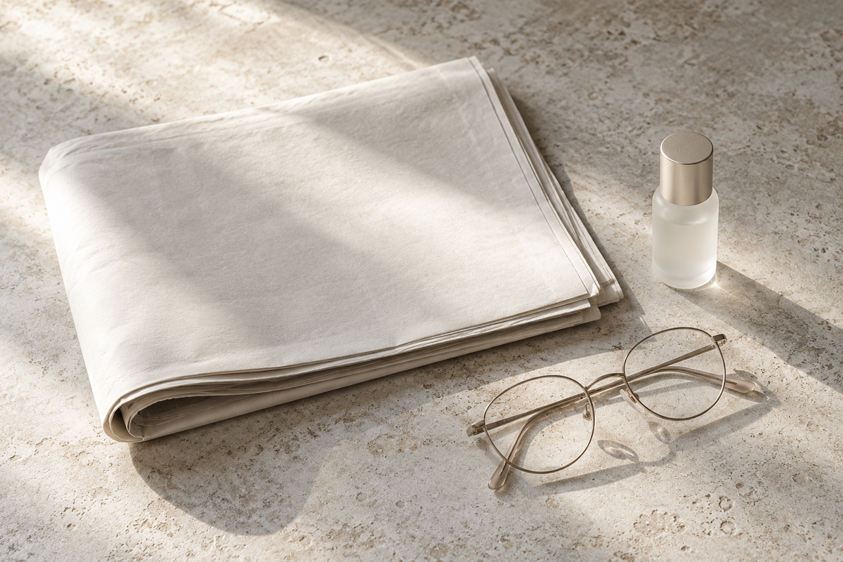 Blank folded paper, reading glasses and a frosted skincare vial on an ivory surface.