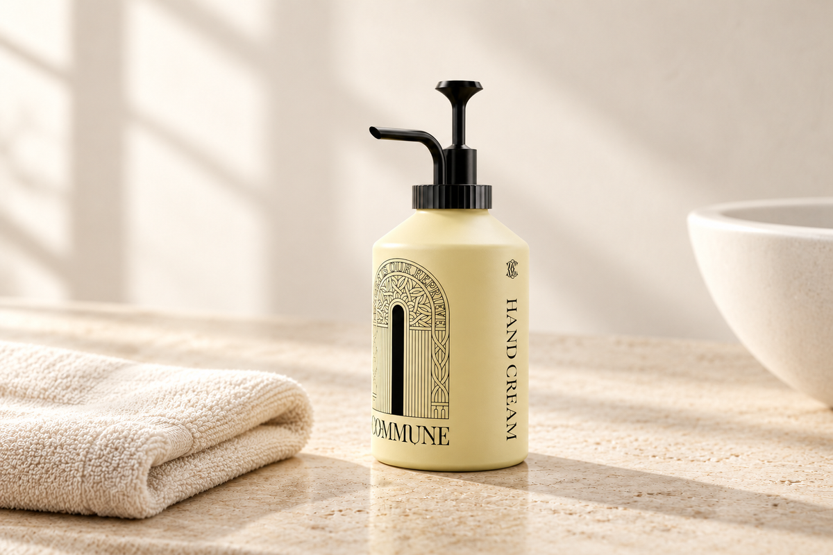 COMMUNE hand cream beside a folded ivory towel on a light stone counter.