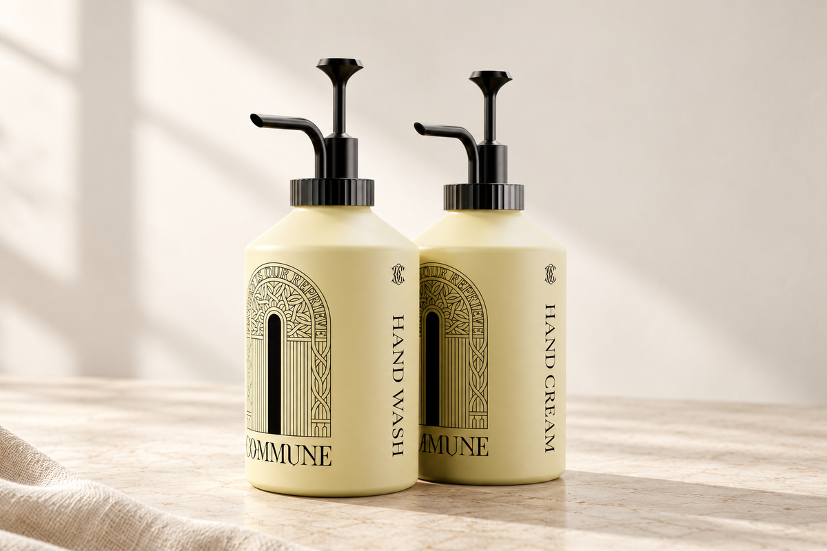 COMMUNE Seymour Hand Wash and Hand Cream on an ivory stone counter in soft daylight.