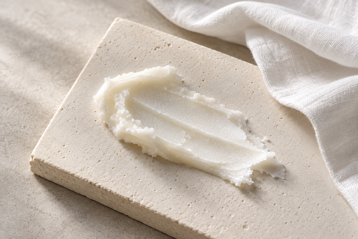 A rich white balm texture beside a soft cotton cloth.