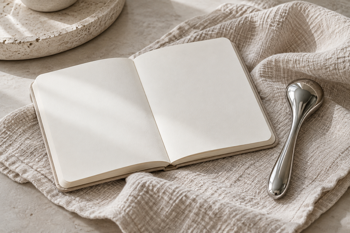 An open blank notebook and cooling facial tool on folded linen.