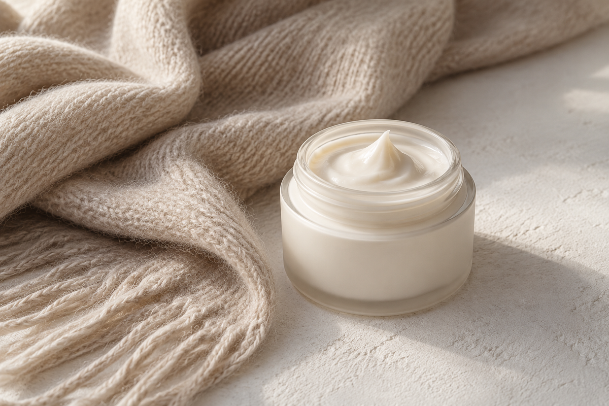 An ivory moisturizer jar beside a soft oatmeal cashmere scarf.