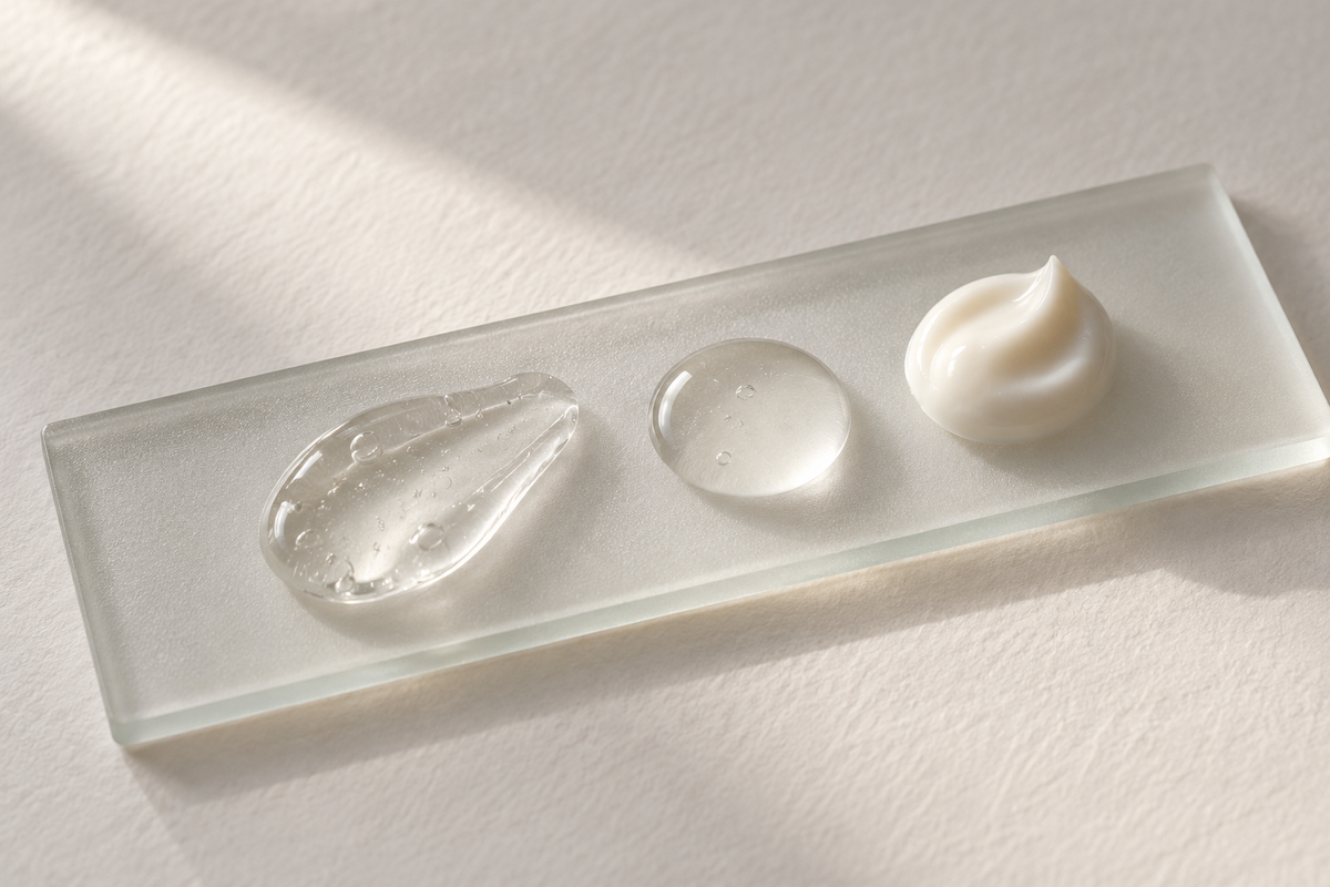 Clear gel, serum and cream textures arranged on frosted glass.