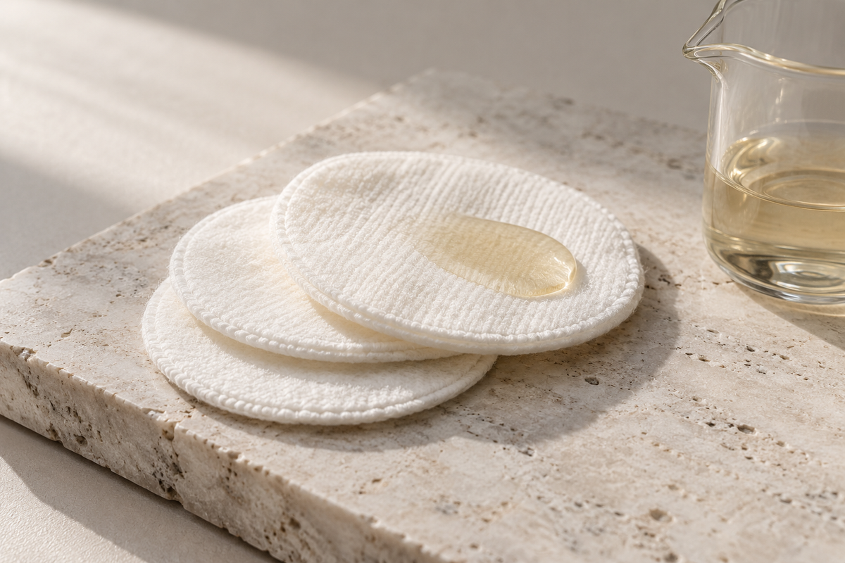 Cotton pads and a clear glass vessel on a pale stone surface.