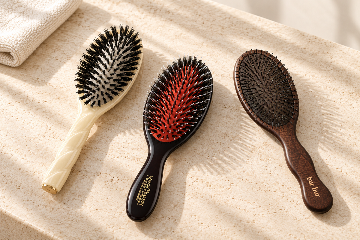 Mason Pearson, La Bonne Brosse and BUR BUR hairbrushes arranged on ivory stone in soft daylight.