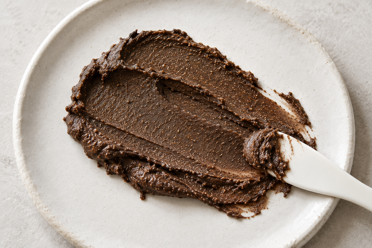 A rich brown cosmetic mask texture with an ivory spatula.