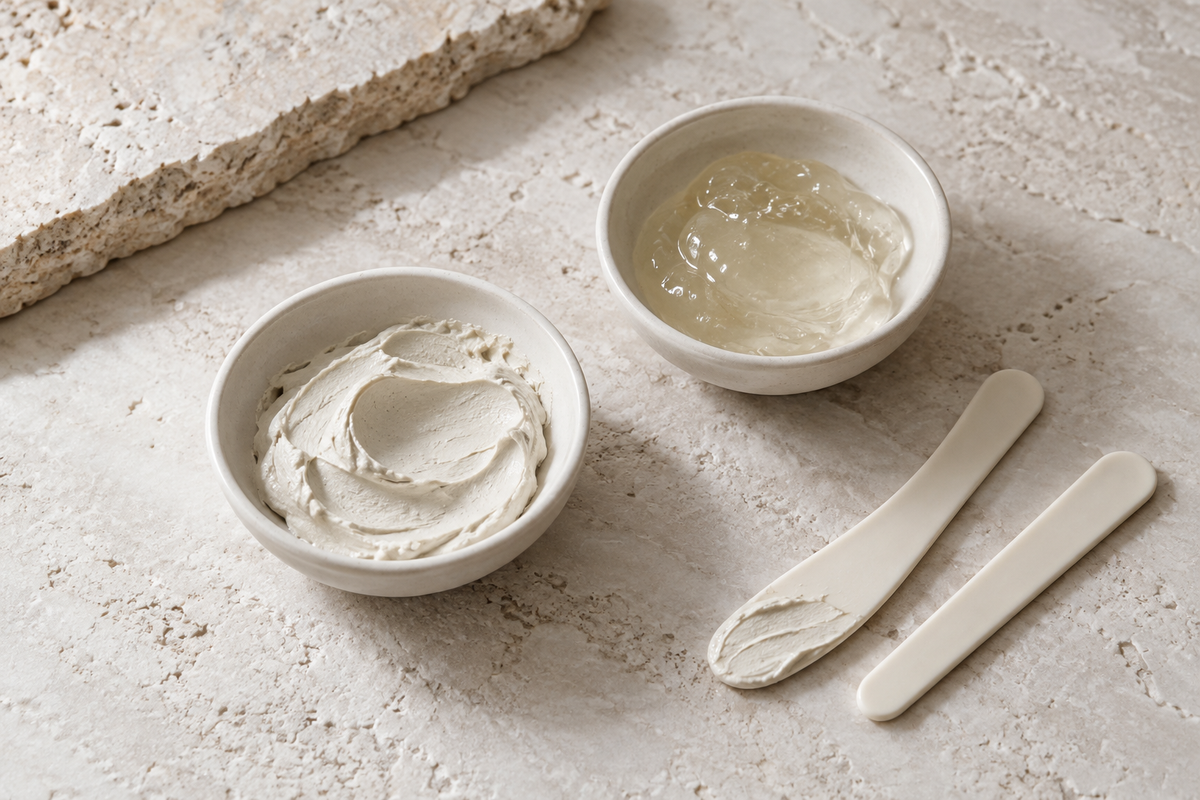 Two ceramic treatment bowls with different skincare textures.