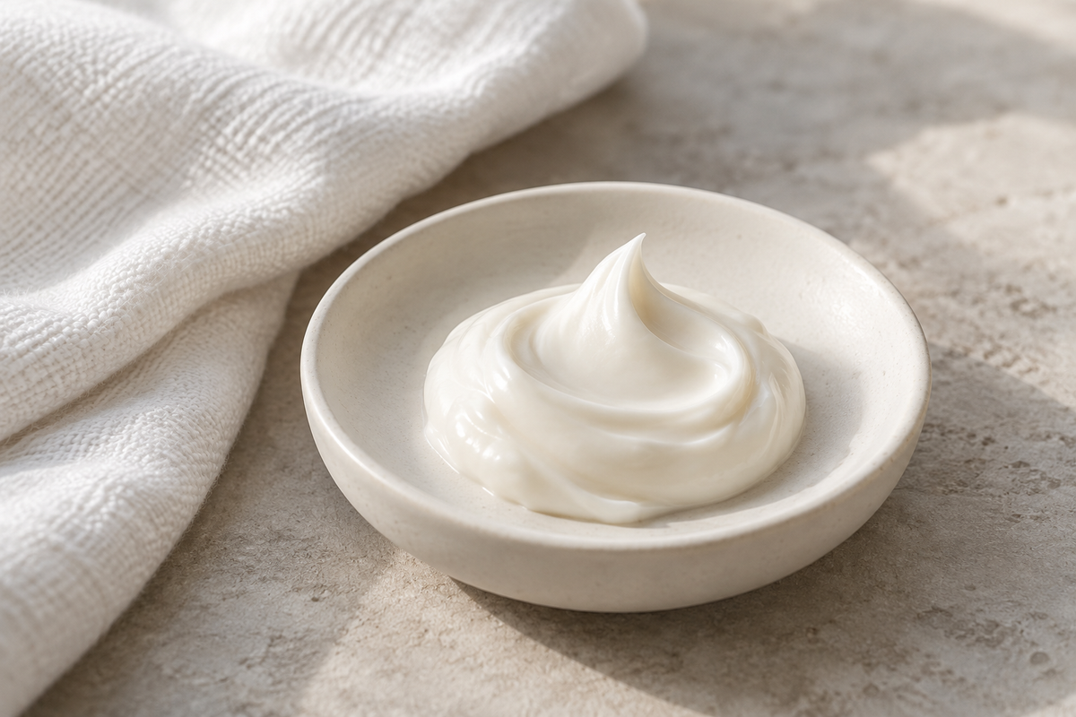 An ivory cream texture beside a soft white cotton cloth.