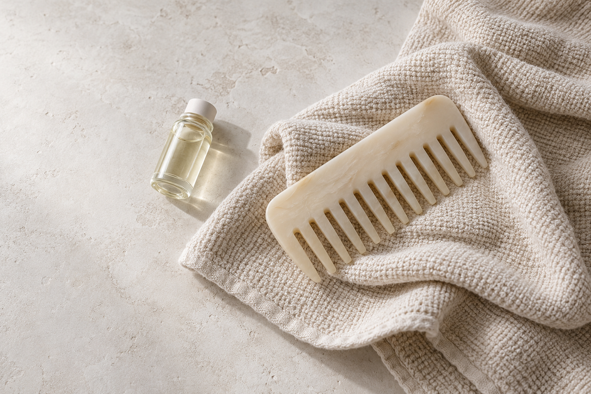 An ivory wide-tooth comb, folded cotton towel and glass vial.