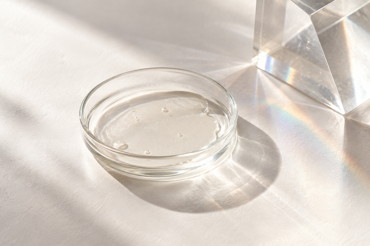 Clear serum in a glass dish with subtle refracted daylight.