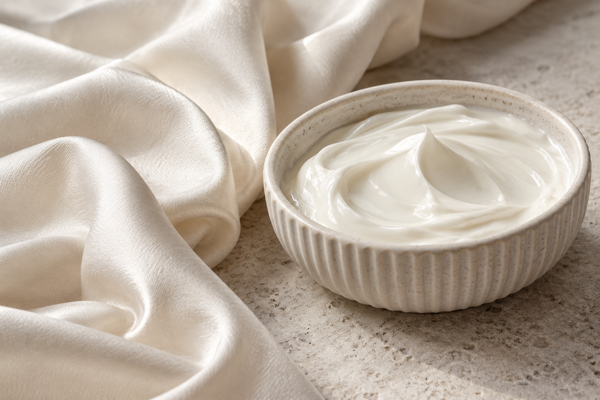 Soft ivory silk and a satin cream texture on ridged ceramic.