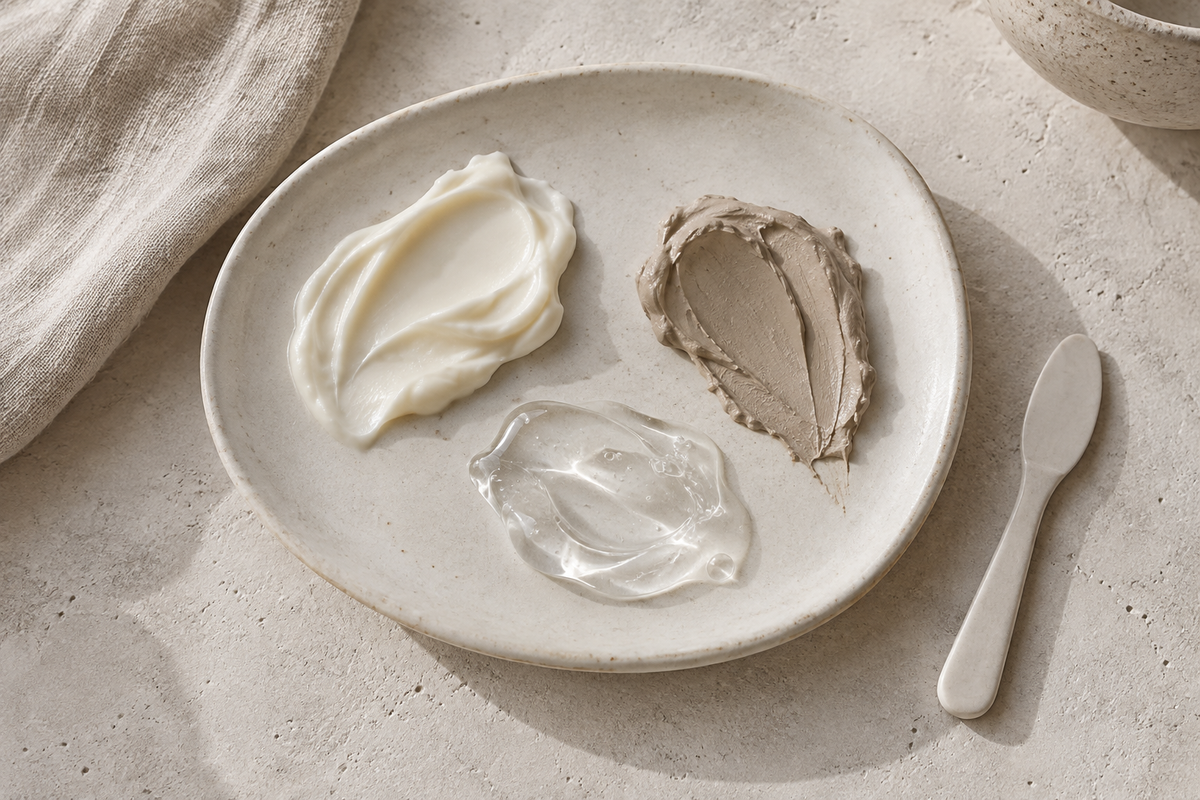 Three skincare textures on an oval ceramic palette.