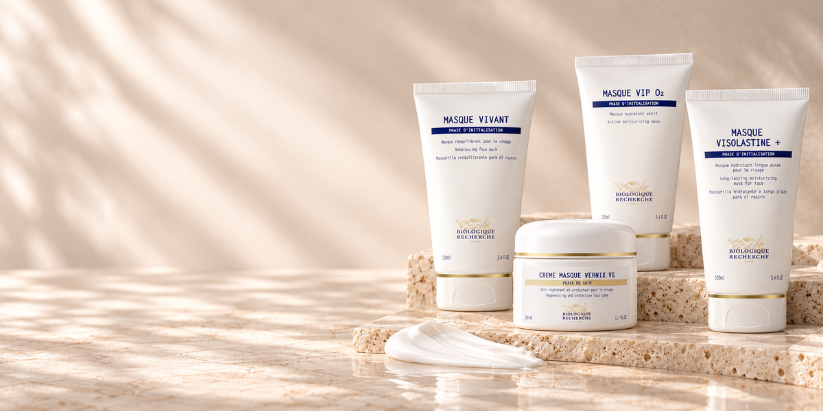 Biologique Recherche Masque Vivant, VIP O₂, Visolastine+ and Crème Masque Vernix VG on warm limestone at Loshen & Crem