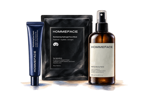 Watercolor illustration of the Homme Face collection at Loshen & Crem