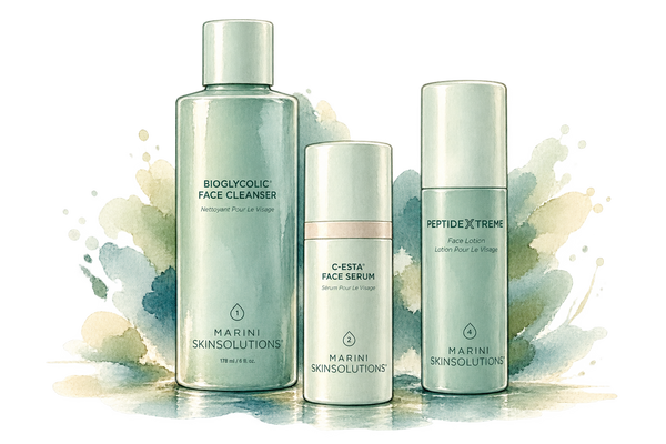 Watercolor illustration of the Jan Marini collection at Loshen & Crem