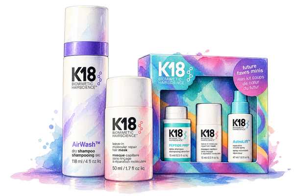 Watercolor illustration of the K18 Biomimetic Hairscience collection at Loshen & Crem