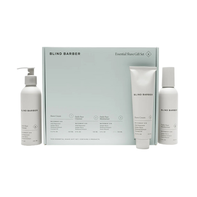 Blind Barber essential shave gift set with products on a white background