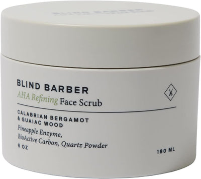 White jar of Blind Barber AHA Refining Face Scrub with text on a white background