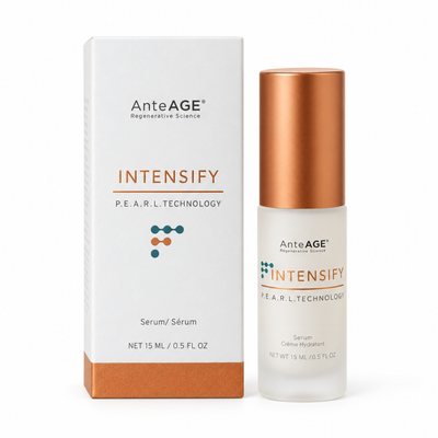 AnteAGE INTENSIFY Serum 15 mL bottle with copper cap on a warm beige background biosomes