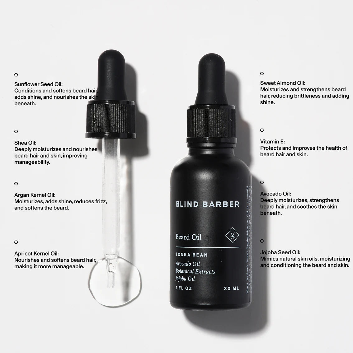 Black bottle of Blind Barber beard oil with dropper on a white background