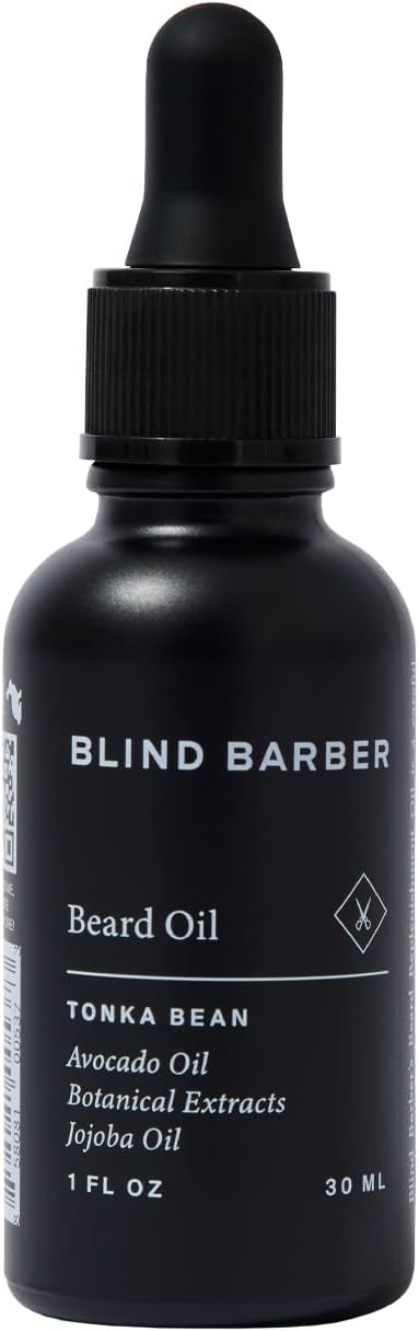 Black bottle of Blind Barber Beard Oil with dropper on a white background