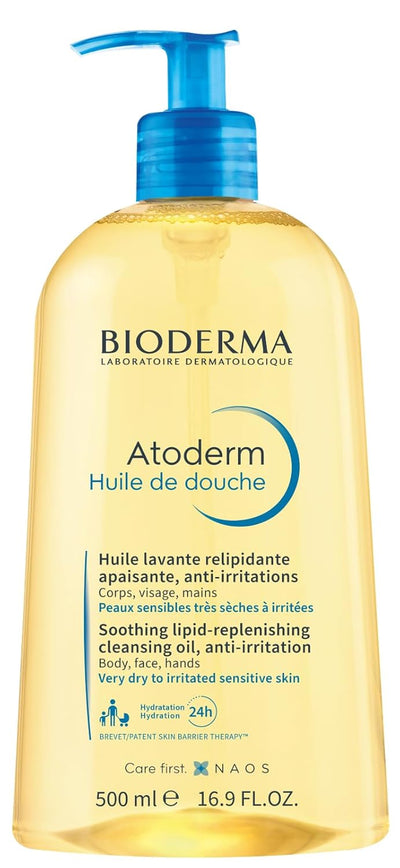 Bioderma Atoderm shower gel bottle with blue pump on a white background