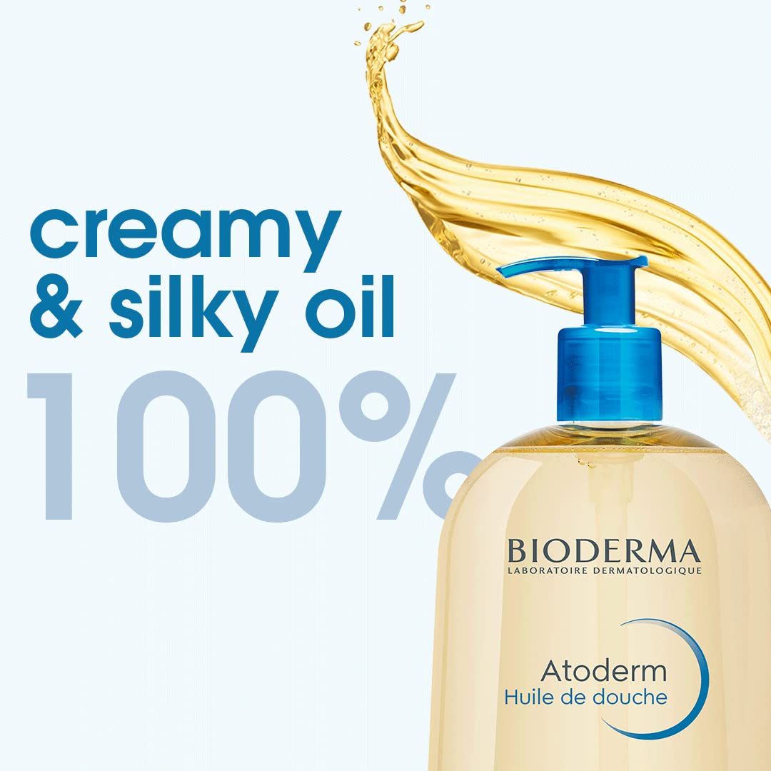 Bioderma Atoderm shower oil bottle with blue pump on a light blue background