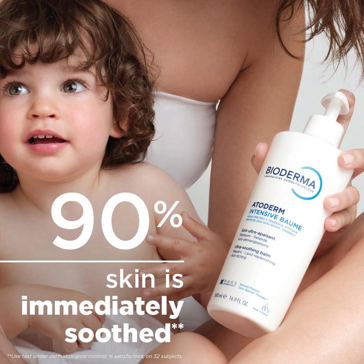 Child holding a Bioderma bottle with text about skin soothing benefits