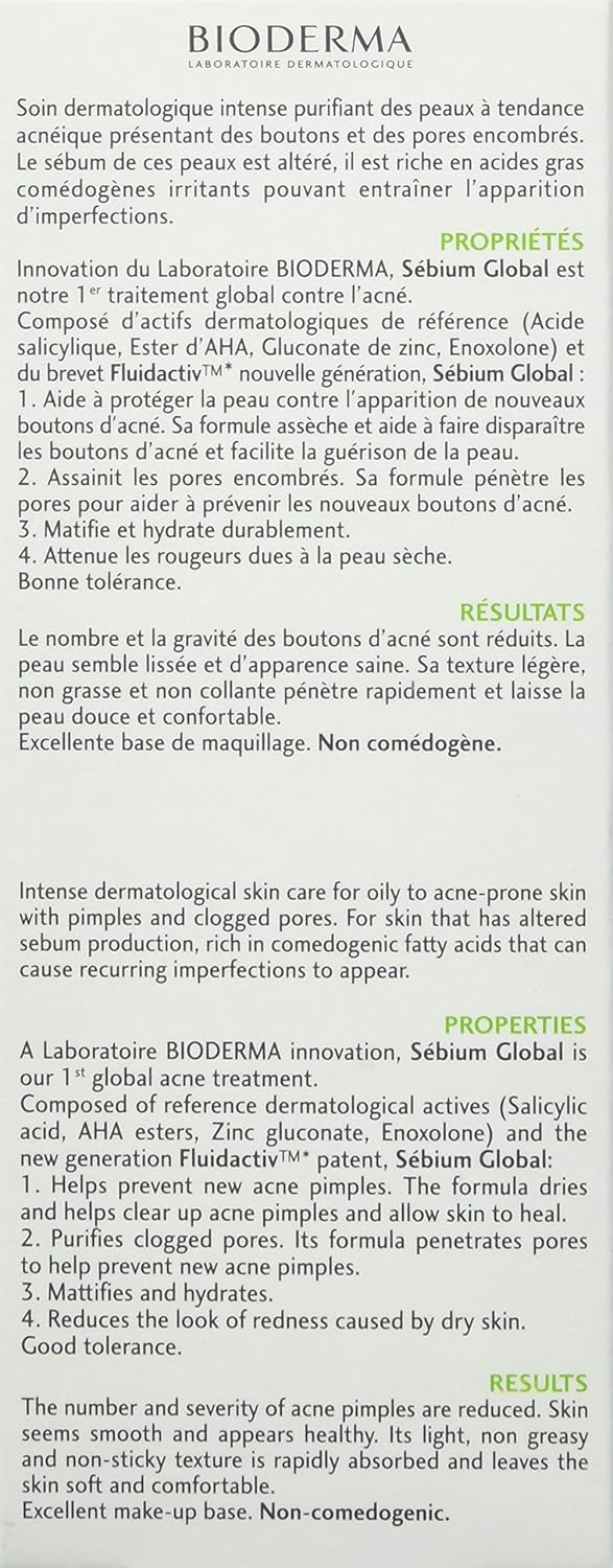 Bioderma Sebium Global product information sheet with text and branding.