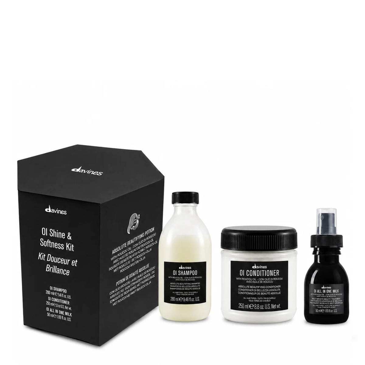 Davines OI Shine &amp; Softness Kit with OI Shampoo 280 mL, OI Conditioner 250 mL and OI All In One Milk 50 mL.