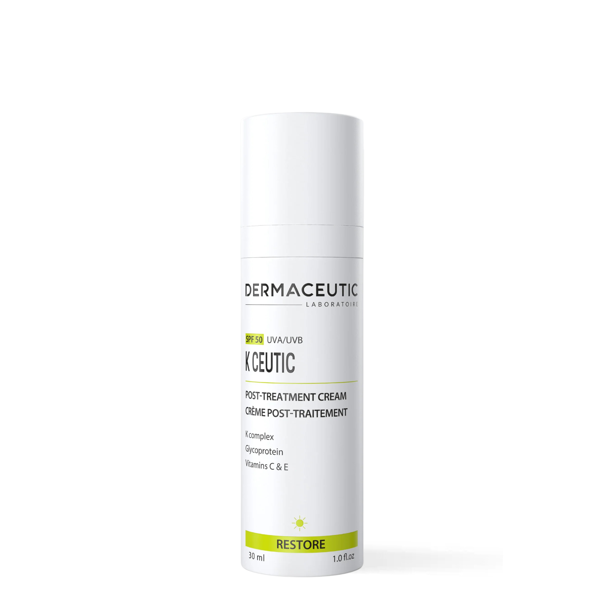 Dermaceutic K Ceutic SPF 50 post-treatment cream for fragile skin, visible redness and UV protection.