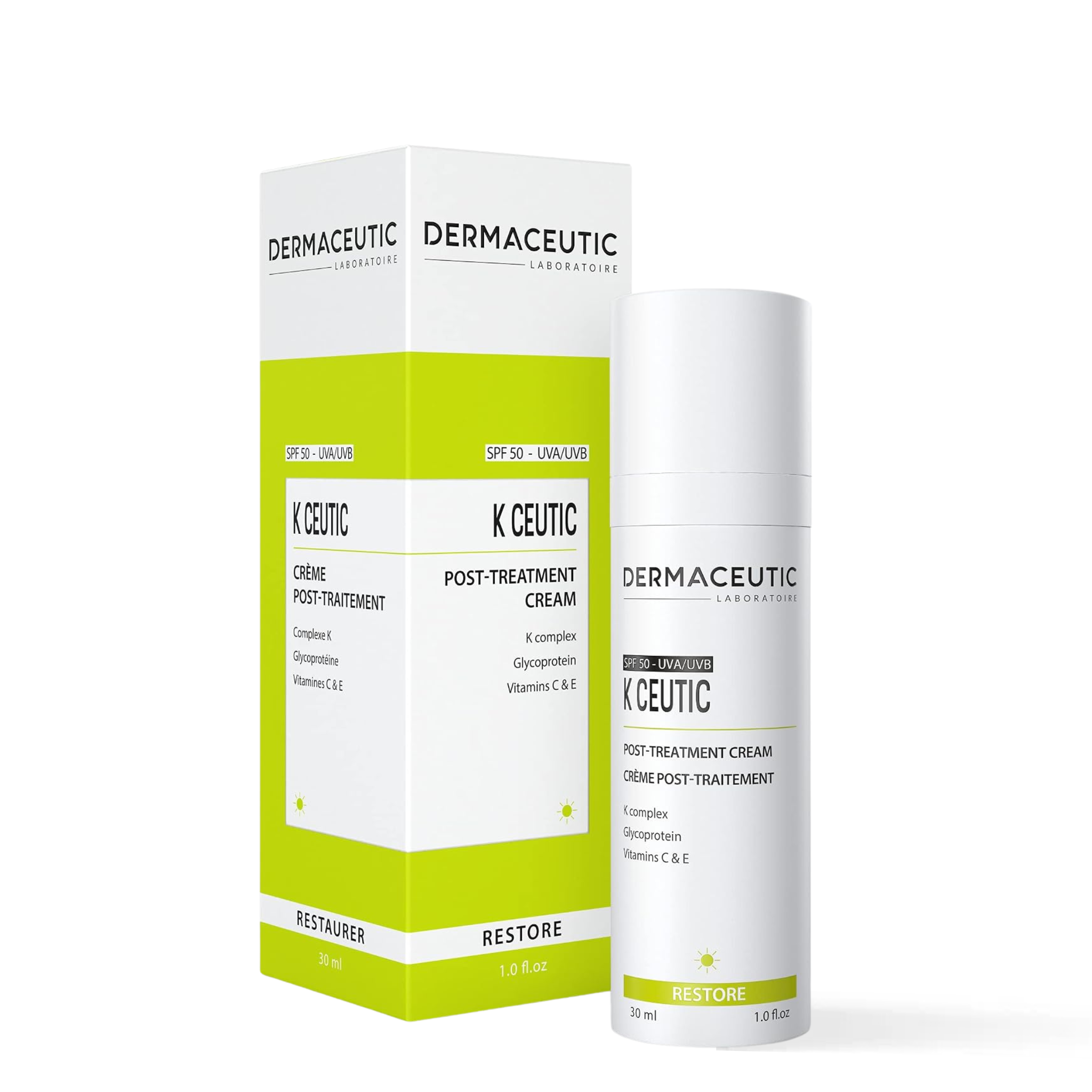 Dermaceutic K Ceutic SPF 50 post-treatment cream for fragile skin, visible redness and UV protection.