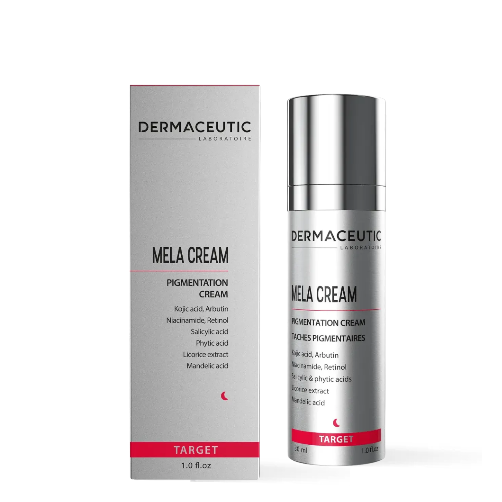 Dermaceutic Laboraire Mela Cream Pigmentation Cream shown with its silver and white packaging box and matching cylindrical pump bottle on a plain white background.
