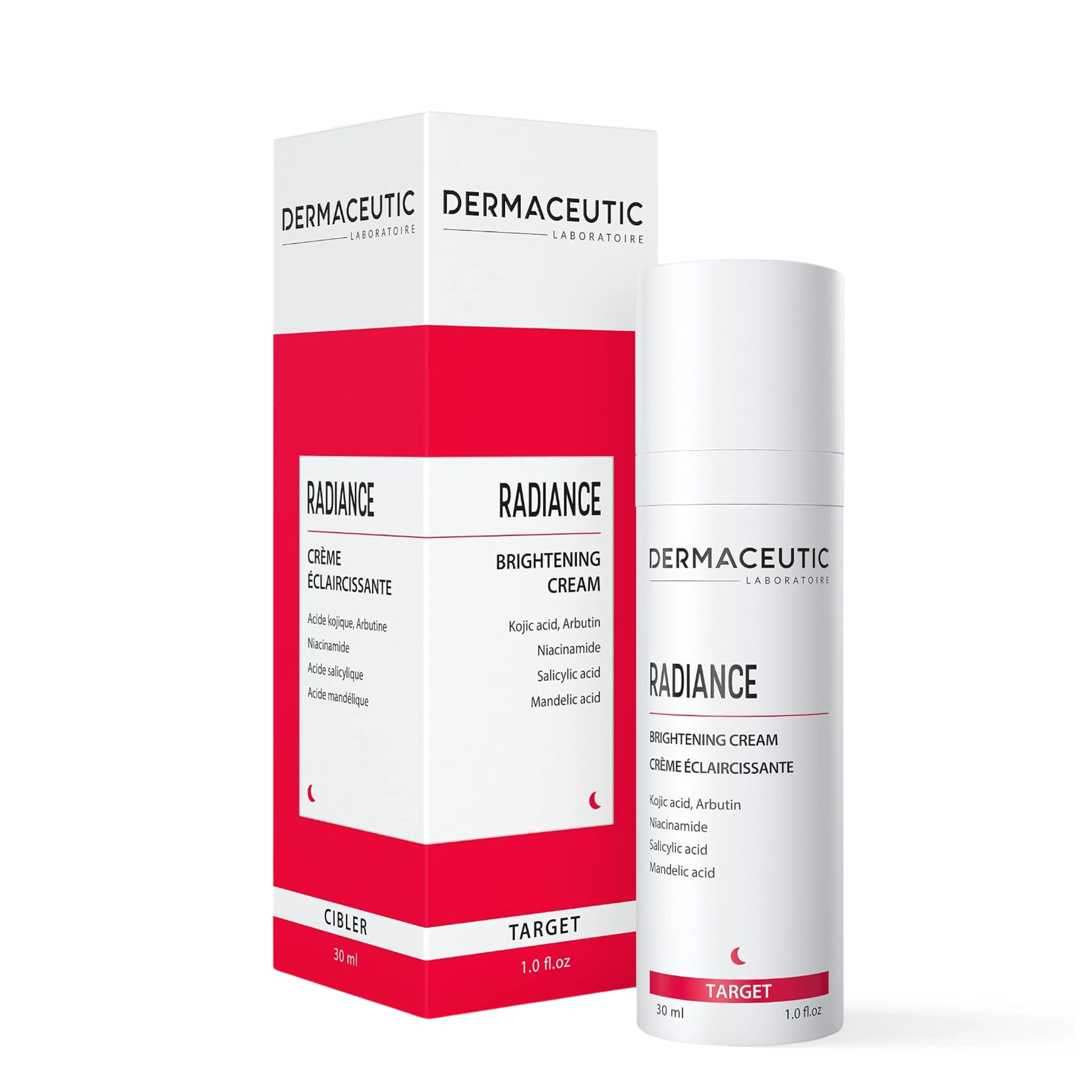 Dermaceutic Laboratories Radiance Brightening Cream shown with its retail box and matching pump bottle on a clean white background.