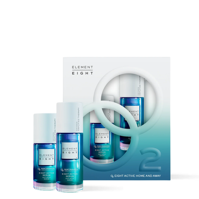 Element Eight O2 Eight Active Home and Away set with 30 ml and 15 ml Niacinamide Eight Active Serum.