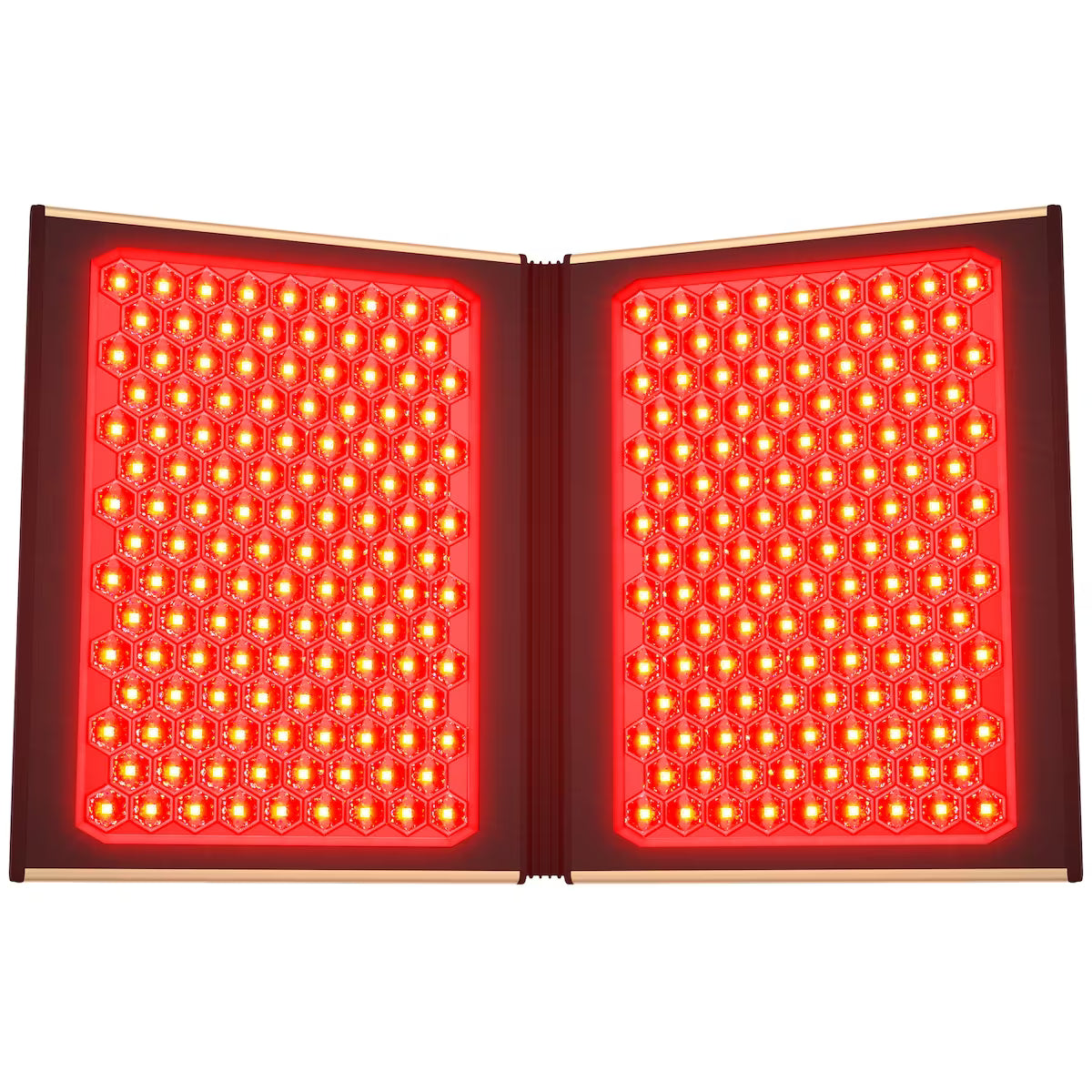 A foldable red light therapy panel with two illuminated panels of small circular LEDs, shown open against a plain white background.